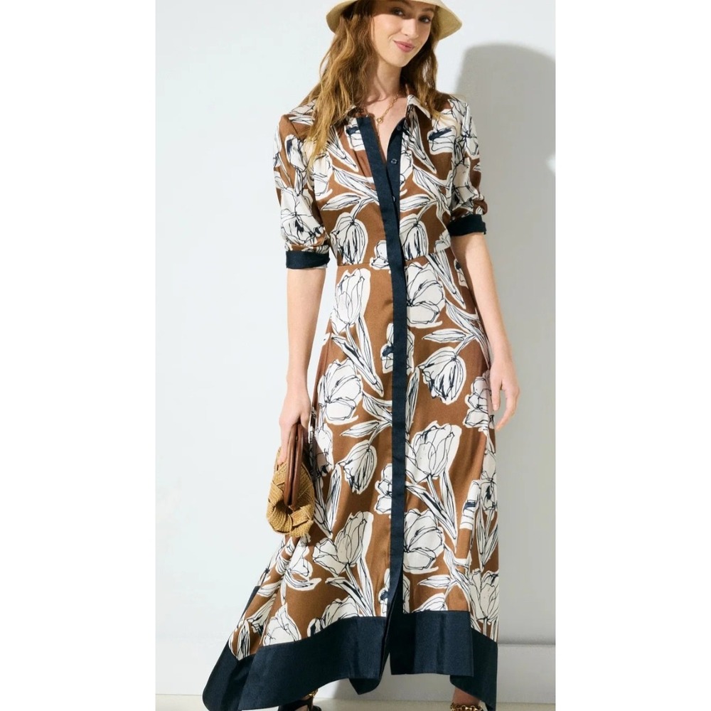 Tanya Taylor Floral Handkerchief Hem Midi Shirt Dress Brown Navy White Size 8